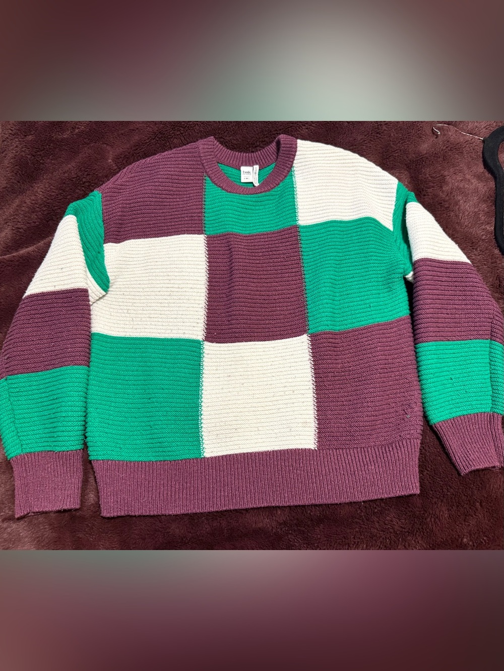 Simons Colorblock Crewneck Sweater in Purple, Green & Cream